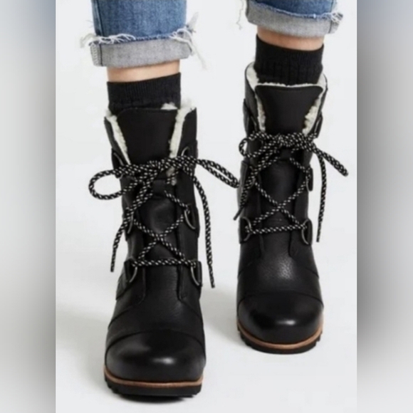 Sorel Joan Of Arctic Shearling Wedge Mid Boots In Black Size 7 - Picture 1 of 10
